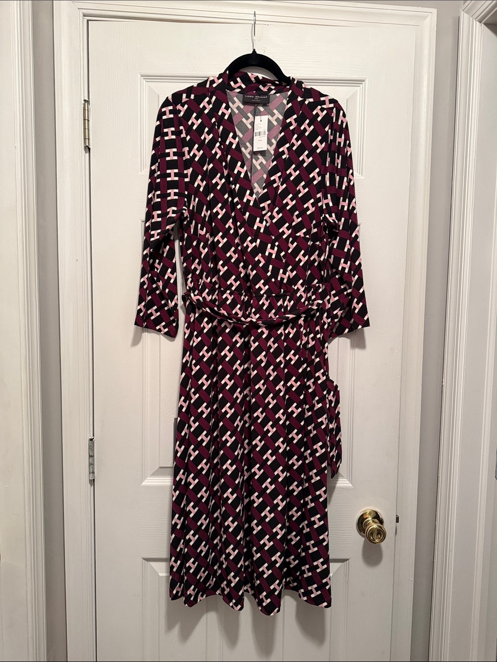 Lane Bryant Burgundy, Black & Cream Geometric Wrap Dress